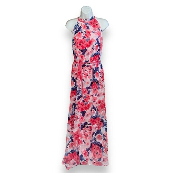 Floral Halter Maxi Dress Multicolor Size 6 Belted Chiffon Spring Summer Wedding - Picture 1 of 13